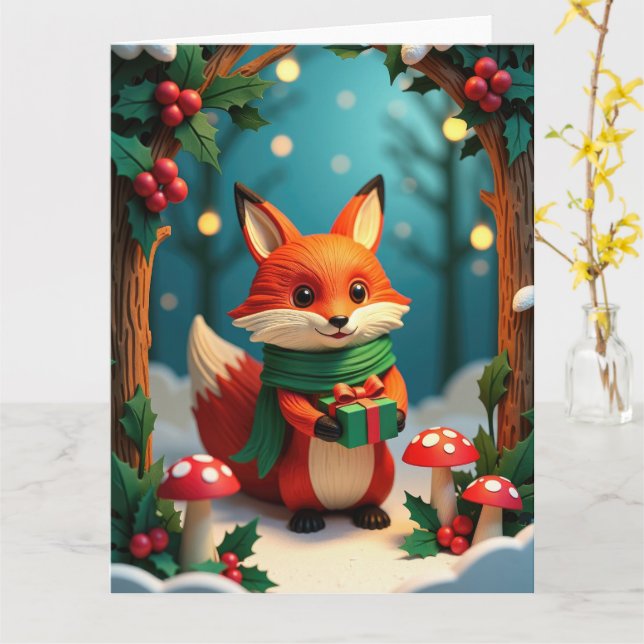 Tarjeta El regalo festivo de Fox Holding en un bosque neva (flor amarilla)