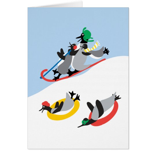 Tarjeta ¡El Sledding de los pingüinos de la diversión de