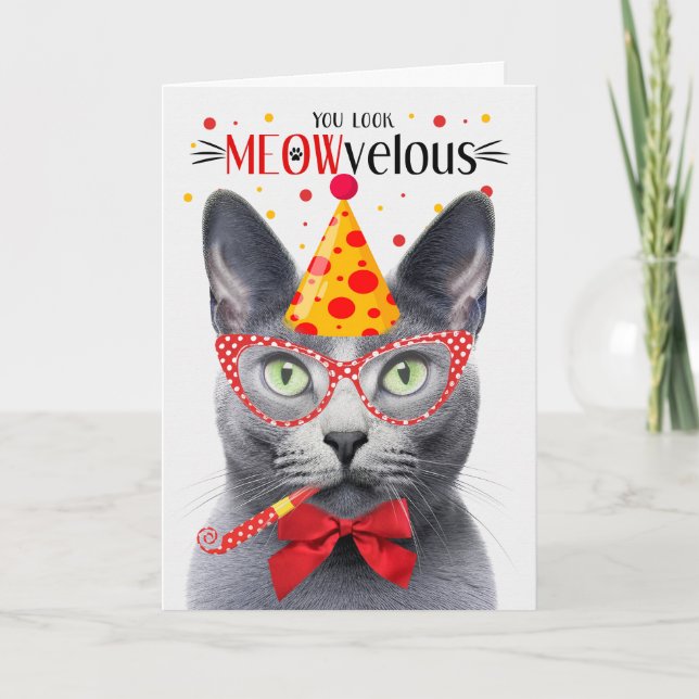 Tarjeta El veloz cumpleaños del gato azul ruso (Anverso)
