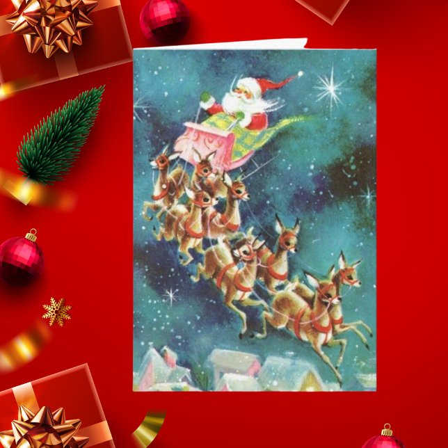 Tarjeta El Viejo Santa Claus Volando Renos Sobre Las Casas (Subido por el creador)