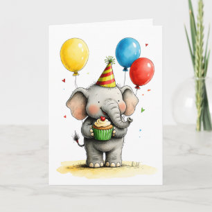 Tarjeta Elefante Adorable con Cumpleaños Feliz Infantil