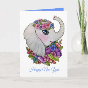 Tarjeta Elefante Adorable Y Flores Silvestres En Acuarela