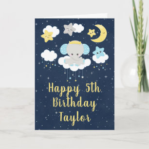 Tarjeta Elefante Amarillo y Feliz Cumpleaños Azul Marino