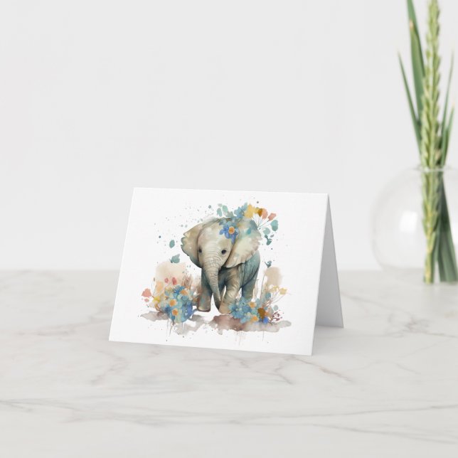 Tarjeta Elefante bebé adorable con flores en blanco (Anverso)