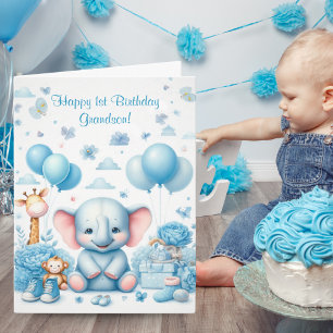 Tarjeta Elefante bebé azul acuarela Cumpleaños 1