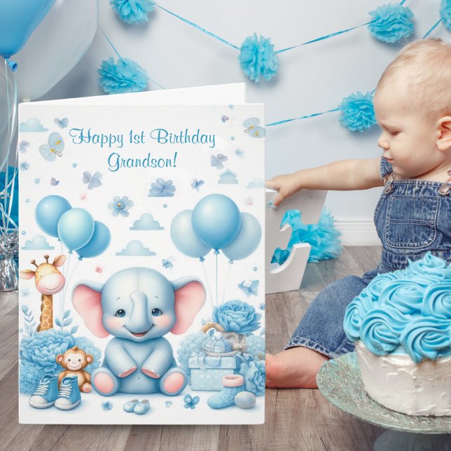 Tarjeta Elefante bebé azul acuarela Cumpleaños 1 (Family Keepsake: Watercolor Elephant 1st Birthday Card)