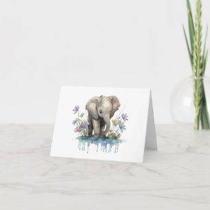 Tarjeta Elefante bebé con agua y flores en BLANCO