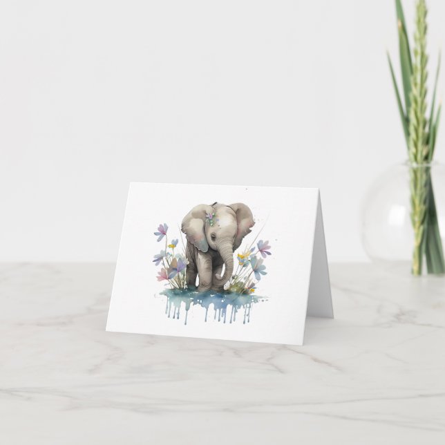Tarjeta Elefante bebé con agua y flores en BLANCO (Anverso)