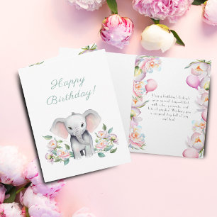 Tarjeta Elefante Bebé con Peonías y Globos Cumpleaños