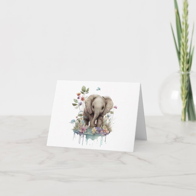 Tarjeta Elefante bebé dulce con flores en blanco (Anverso)
