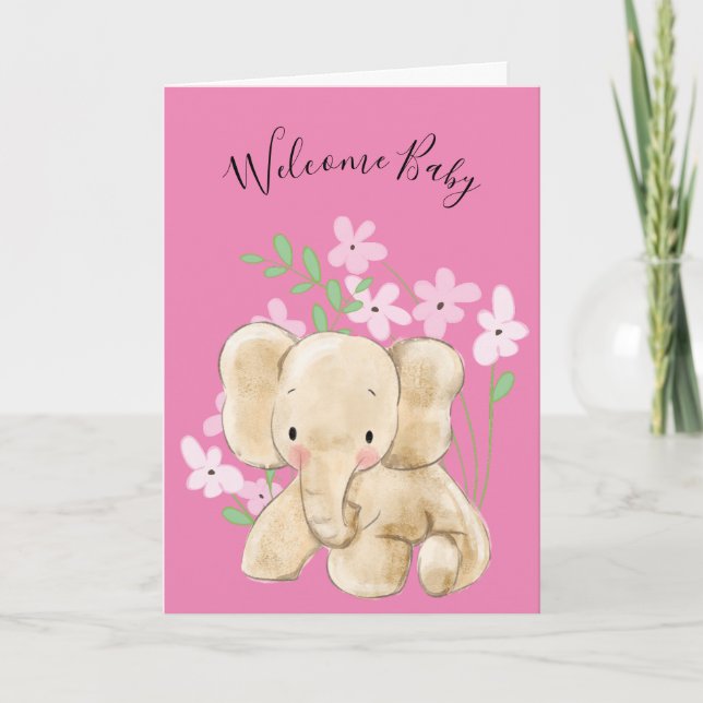 Tarjeta Elefante Bebé En Flores Recién Nacidas (Anverso)