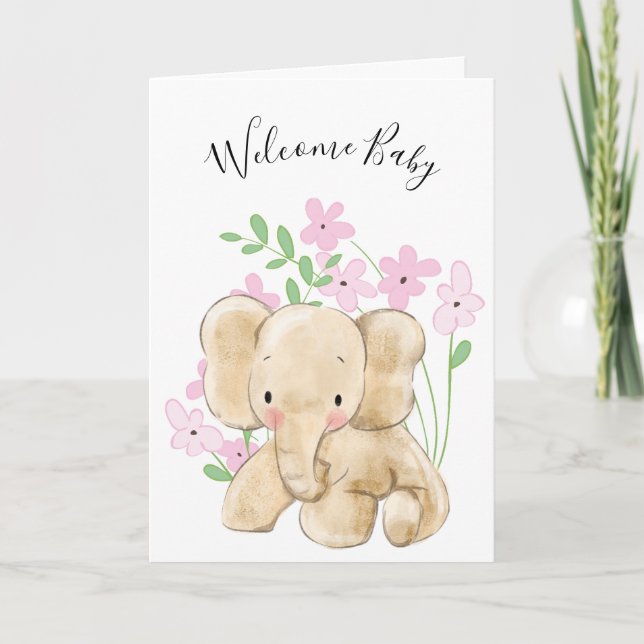 Tarjeta Elefante Bebé En Flores Recién Nacidas (Anverso)