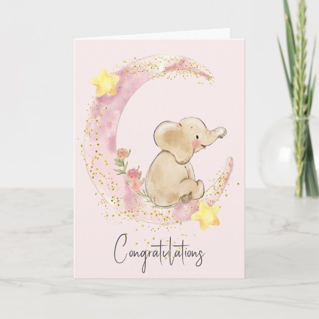 Tarjeta Elefante Bebé En Luna Rosa (Anverso)