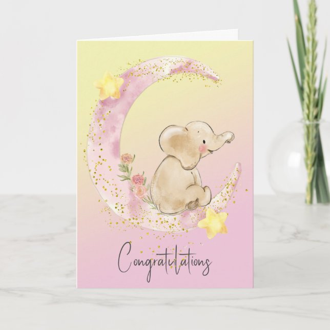 Tarjeta Elefante Bebé En Luna Rosa (Anverso)