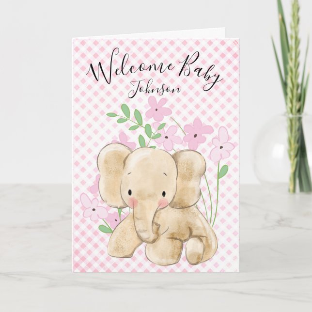 Tarjeta Elefante Bebé En Pink Gingham (Anverso)