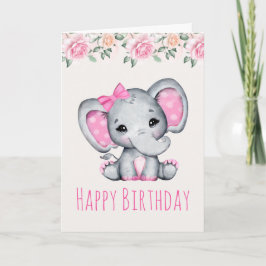 Tarjeta Elefante bebé rosa y Rosas Cumpleaños Fronteriza
