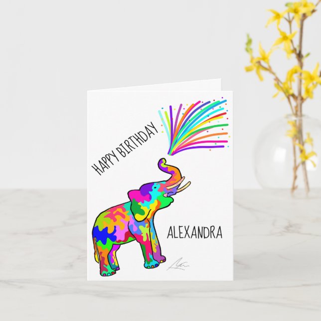 Tarjeta Elefante colorido Feliz cumpleaños (flor amarilla)