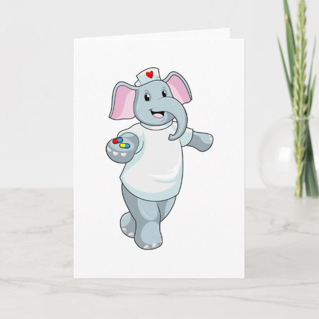 Tarjeta Elefante como enfermera con medicina (Anverso)
