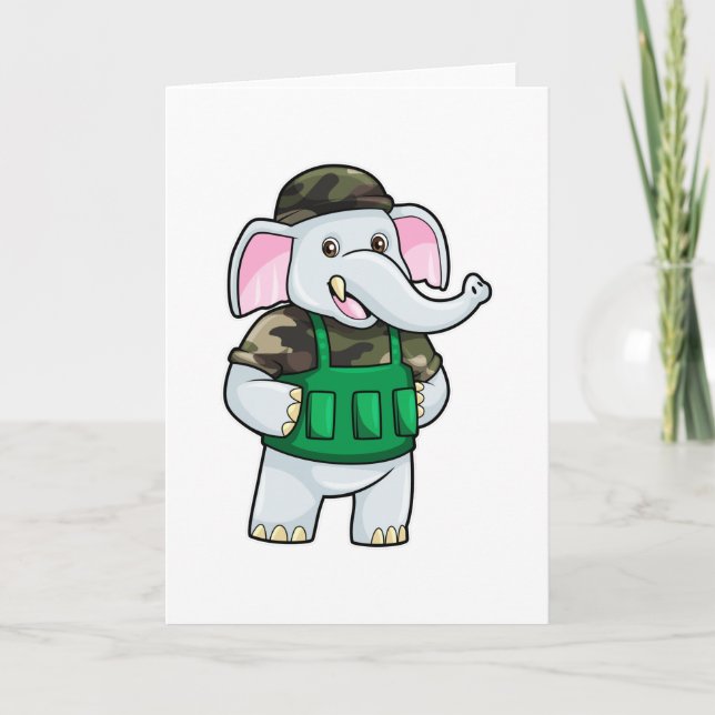 Tarjeta Elefante como soldado con uniforme y casco (Anverso)