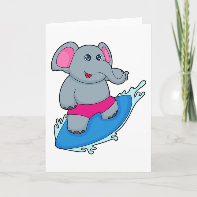 Tarjeta Elefante como surfista con tabla de surf (Anverso)