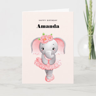 Tarjeta Elefante Cute Ballerina Cumpleaños Rosa y Gris
