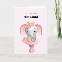 Tarjeta Elefante Cute Ballerina Cumpleaños Rosa y Gris
