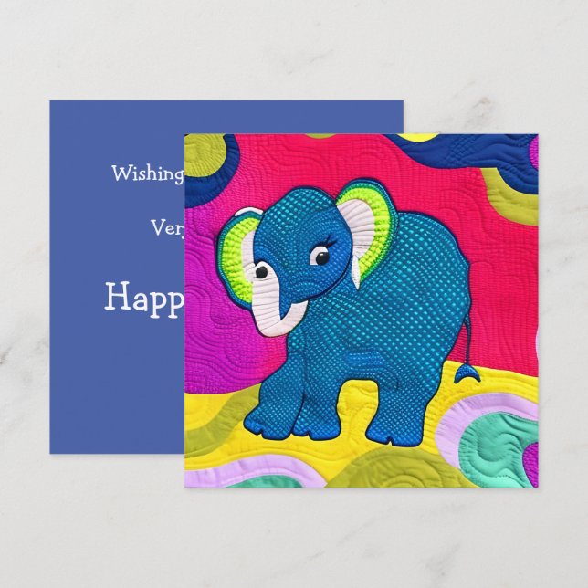 Tarjeta Elefante Cute Blue Baby - Diseño Quilt Like (Anverso / Reverso)