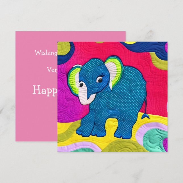 Tarjeta Elefante Cute Blue Baby - Diseño Quilt Like (Anverso / Reverso)