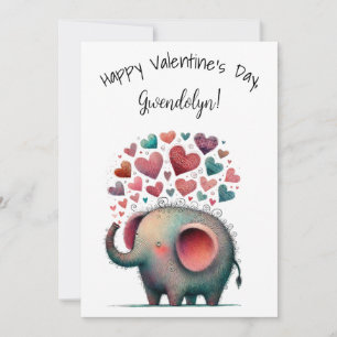Tarjeta Elefante Cute Caprichoso Día de San Valentín Plano