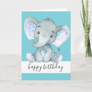 Tarjeta Elefante Cute Primer Cumpleaños Niño Polka Punto A