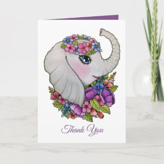 Tarjeta Elefante Cuto Y Flores Silvestres En Acuarela