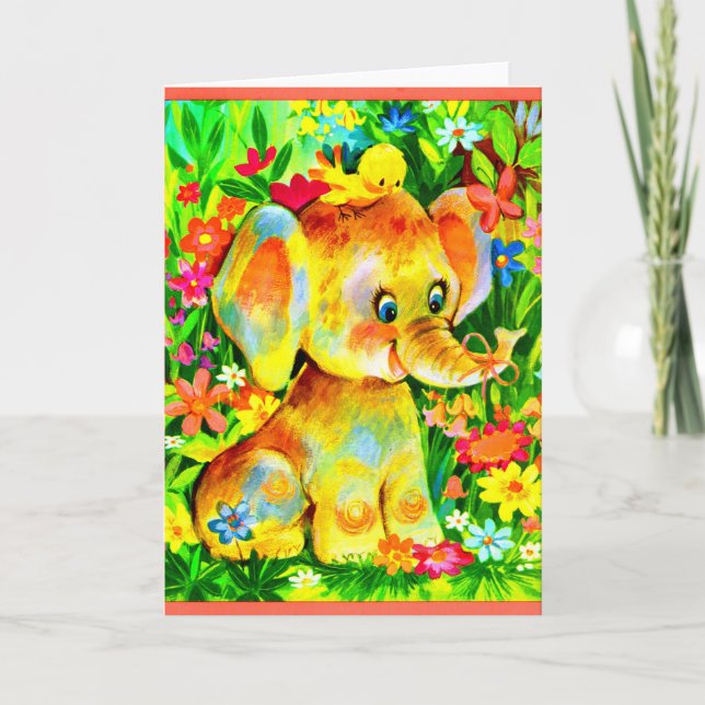 Tarjeta elefante de bebé y ave (Anverso)