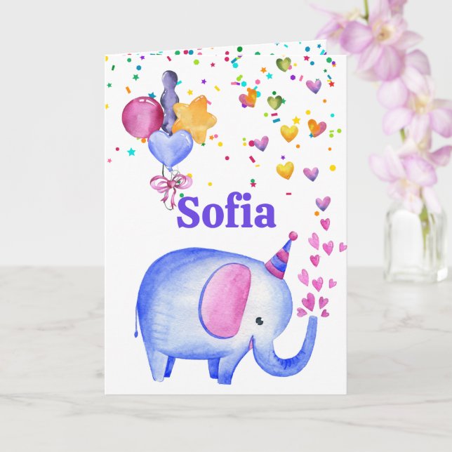 Tarjeta Elefante de Cumpleaños Añadir un Nombre Age Cute K (Orquídea)