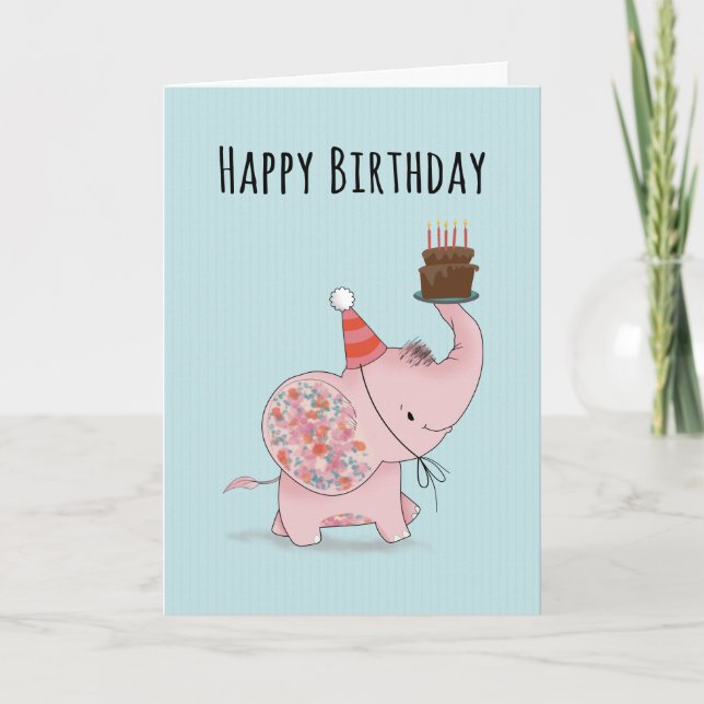 Tarjeta Elefante de cumpleaños con pastel (Anverso)