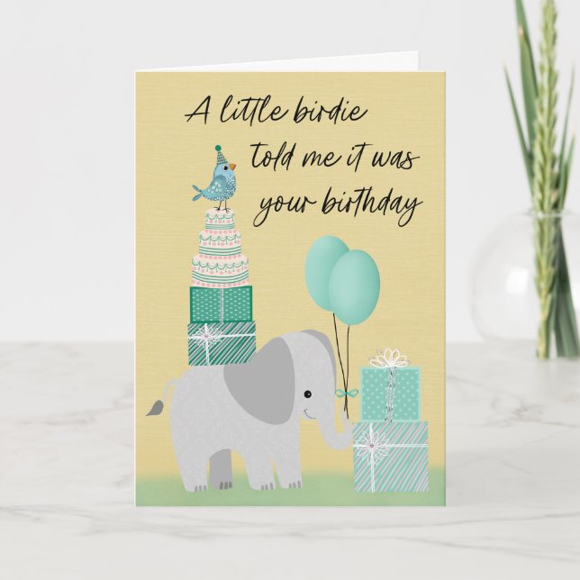 Tarjeta Elefante de cumpleaños con un pajarito (Anverso)
