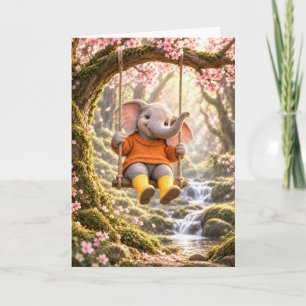 Tarjeta Elefante de cumpleaños en columpio de cerezo