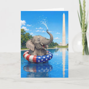 Tarjeta Elefante de cumpleaños flotando en la piscina refl