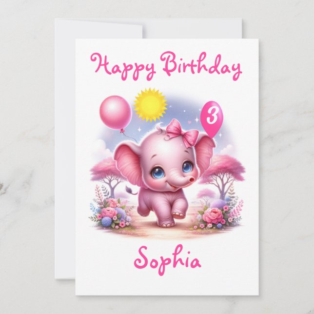 Tarjeta Elefante de cumpleaños rosado adorable con globos (Anverso)