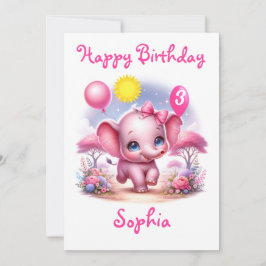 Tarjeta Elefante de cumpleaños rosado adorable con globos