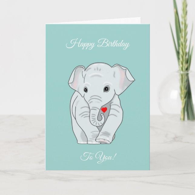 Tarjeta Elefante de cumpleaños sobre azul verde (Anverso)