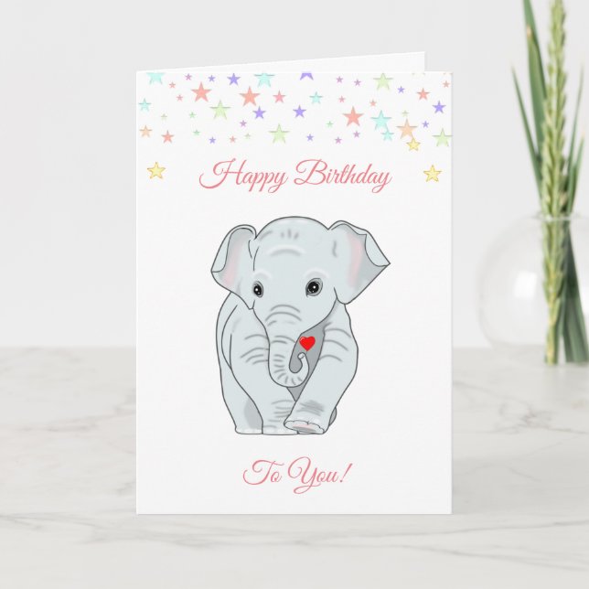 Tarjeta Elefante de cumpleaños y estrellas multicolores (Anverso)