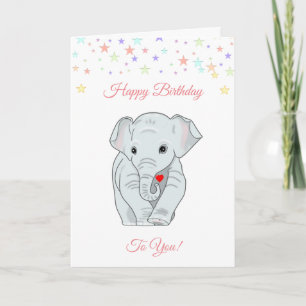 Tarjeta Elefante de cumpleaños y estrellas multicolores
