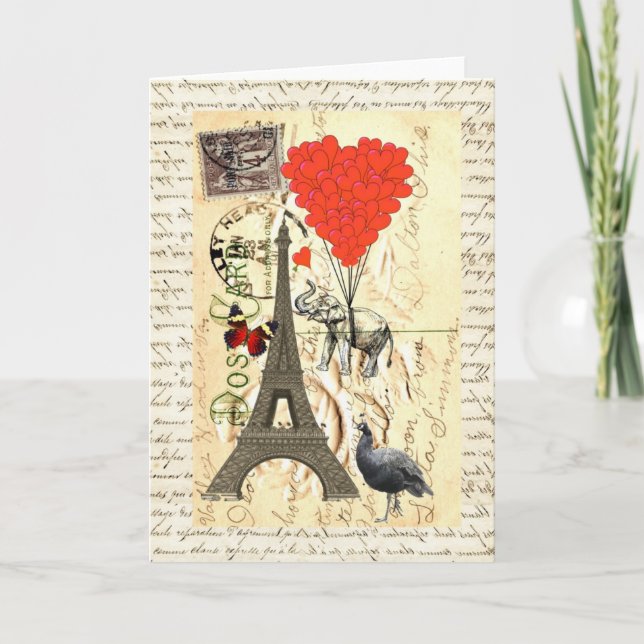 Tarjeta Elefante de época y globos de corazón rojo (Anverso)