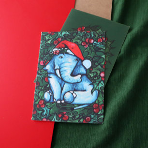 Tarjeta Elefante de Navidad Yule con Acebo