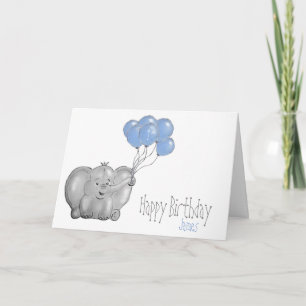 Tarjeta elefante de primer cumpleaños con globo