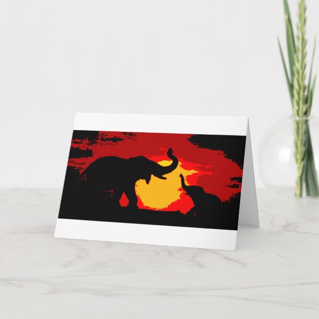 Tarjeta Elefante, elefante del bebé y puesta del sol (Anverso)