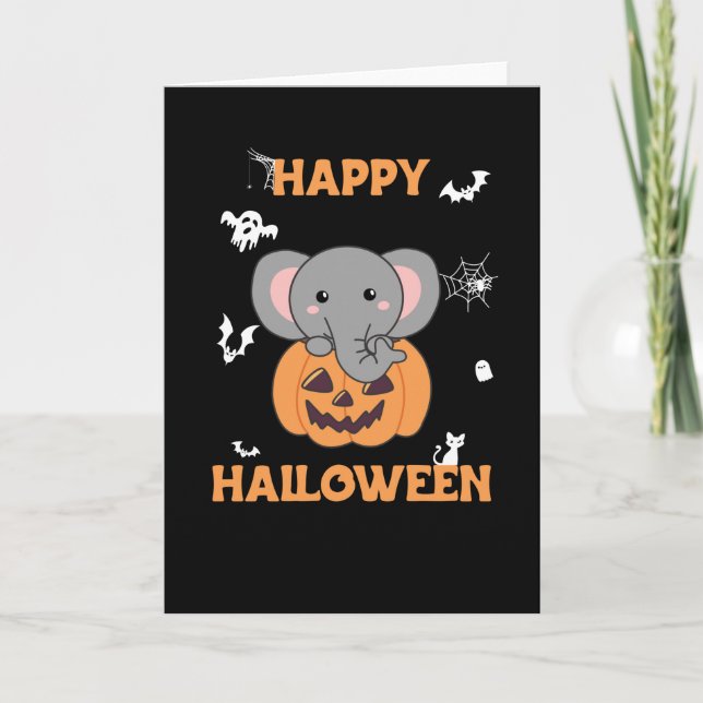 Tarjeta Elefante en Calabaza Cute Elefante Feliz Halloween (Anverso)