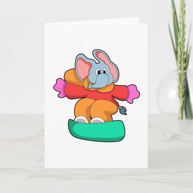 Tarjeta Elefante en Snowboarding con Tabla de Nieve (Anverso)