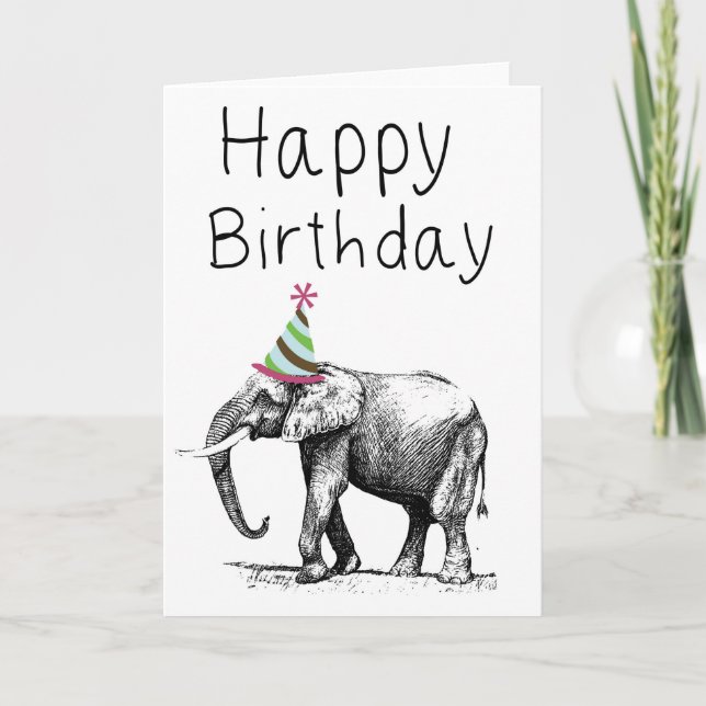 Tarjeta Elefante Feliz Cumpleaños En Gorra, Celebración (Anverso)