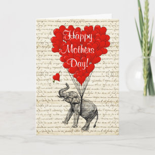 Tarjeta elefante gracioso y Día de la Madre de corazón amo